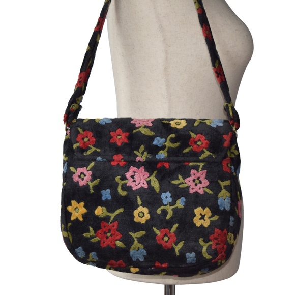 Vintage 1960s Chenille Purse Fuzzy Tapestry Handbag Floral Carpet Bag - Picture 3 of 6